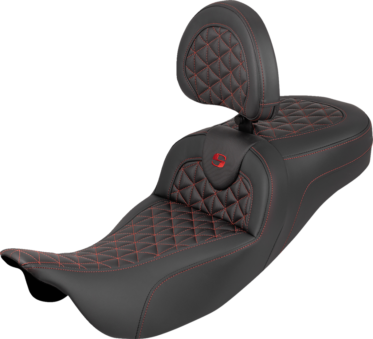 SADDLEMEN RoadSofa™ Tri Gripper Seat - Standard Reach - Red Stitch - w/ Backrest - FLH/FLT '08-'25 808-07B-211B4