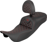 SADDLEMEN RoadSofa™ Tri Gripper Seat - Standard Reach - Red Stitch - w/ Backrest - FLH/FLT '08-'25 808-07B-211B4