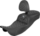 SADDLEMEN RoadSofa™ Tri Gripper Seat - Standard Reach - Silver Stitch - w/ Backrest - FLH/FLT '08-'25 808-07B-211B5