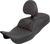SADDLEMEN RoadSofa™ Tri Gripper Seat - Standard Reach - Red Stitch - w/ Backrest - FLH/FLT '08-'25 808-07B-210B4