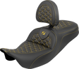SADDLEMEN RoadSofa™ Tri Gripper Seat - Standard Reach - Gold Stitch - w/ Backrest - FLH/FLT '08-'25 808-07B-210B7