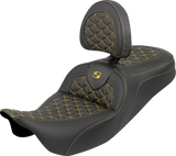 SADDLEMEN RoadSofa™ Tri Gripper Seat - Standard Reach - Gold Stitch - w/ Backrest - FLH/FLT '08-'25 808-07B-210B7