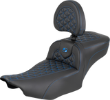 SADDLEMEN Roadsofa™ Extended Reach Seat - with Backrest - Blue Stitch - FLH/FLT '23-'25 823-07-211B1