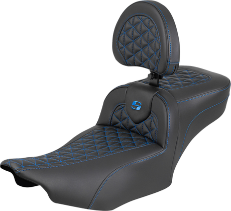SADDLEMEN Roadsofa™ Extended Reach Seat - with Backrest - Blue Stitch - FLH/FLT '23-'25 823-07-211B1