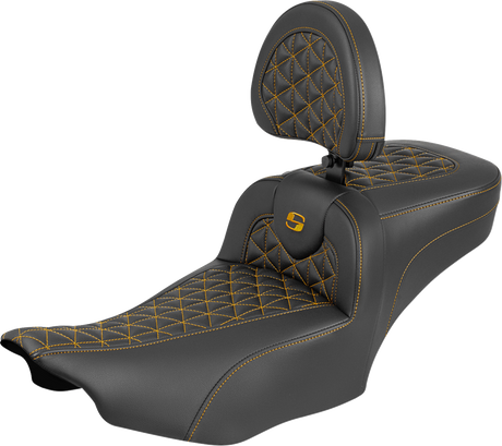 SADDLEMEN Roadsofa™ Extended Reach Seat - with Backrest - Gold Stitch - FLH/FLT '23-'25 823-07-211B7