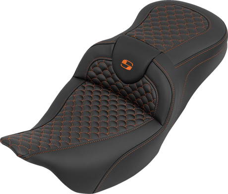 SADDLEMEN Roadsofa™ Seat - without Backrest - Dragon Stitch - Orange Stitch - FLH/FLT '08-'25 808-07B-20803