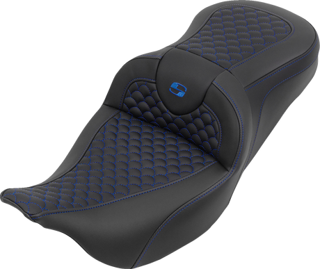 SADDLEMEN Roadsofa™ Seat - without Backrest - Dragon Stitch - Blue Stitch - FLH/FLT '08-'25 808-07B-20801