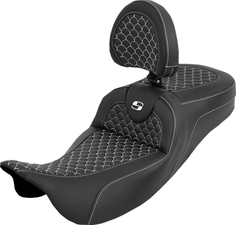 SADDLEMEN Extended Reach Roadsofa™ Seat - Dragon Scale - White Stitch - with Backrest - Touring '08-'25 808-07B-209B6