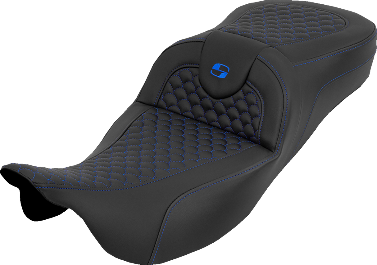 SADDLEMEN Extended Reach RoadSofa™ Seat - Dragon Scale - w/o Backrest - Blue Stitch - FLH/FLT '08-'25 808-07B-20901