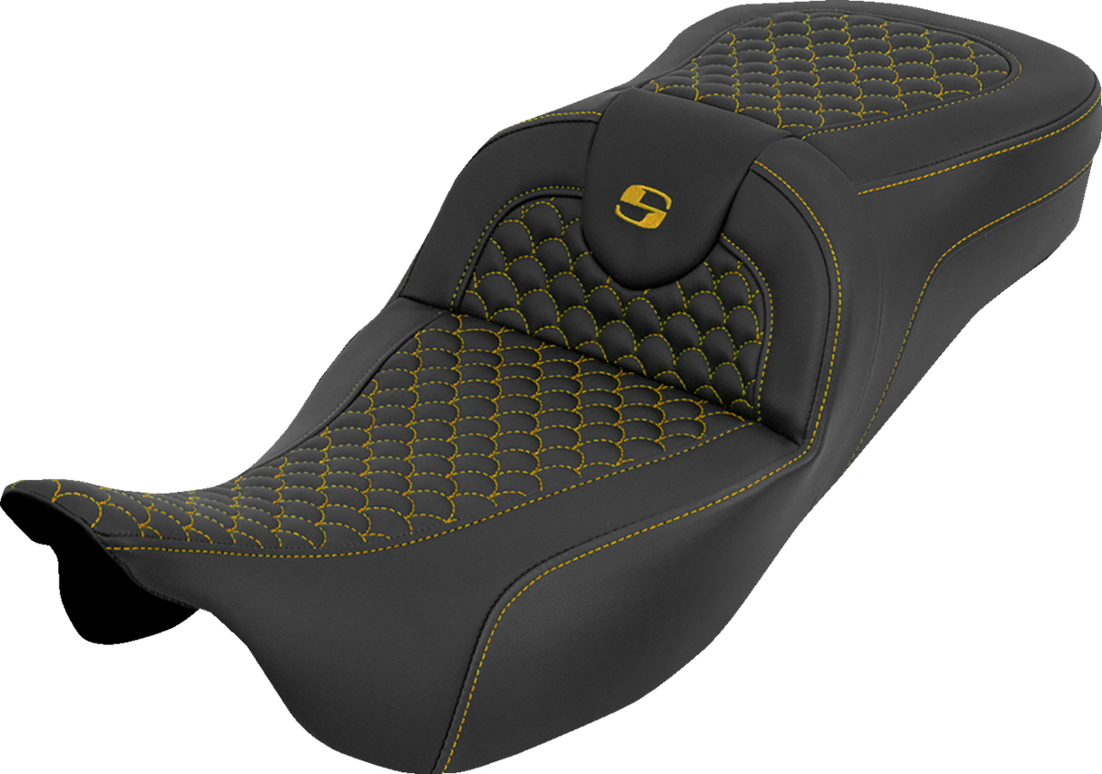 SADDLEMEN Extended Reach RoadSofa™ Seat - Dragon Scale - w/o Backrest - Gold Stitch - FLH/FLT '08-'25 808-07B-20907