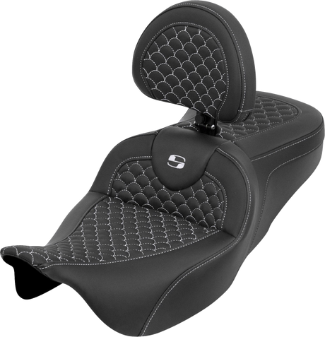 SADDLEMEN Roadsofa™ Seat - Dragon Scale - White Stitch - with Backrest - Touring '08-'25 808-07B-208B6