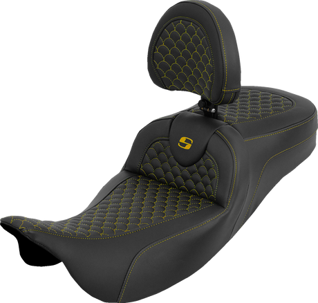 SADDLEMEN Extended Reach Roadsofa™ Seat - Dragon Scale - Gold Stitch - with Backrest - Touring '08-'25 808-07B-209B7