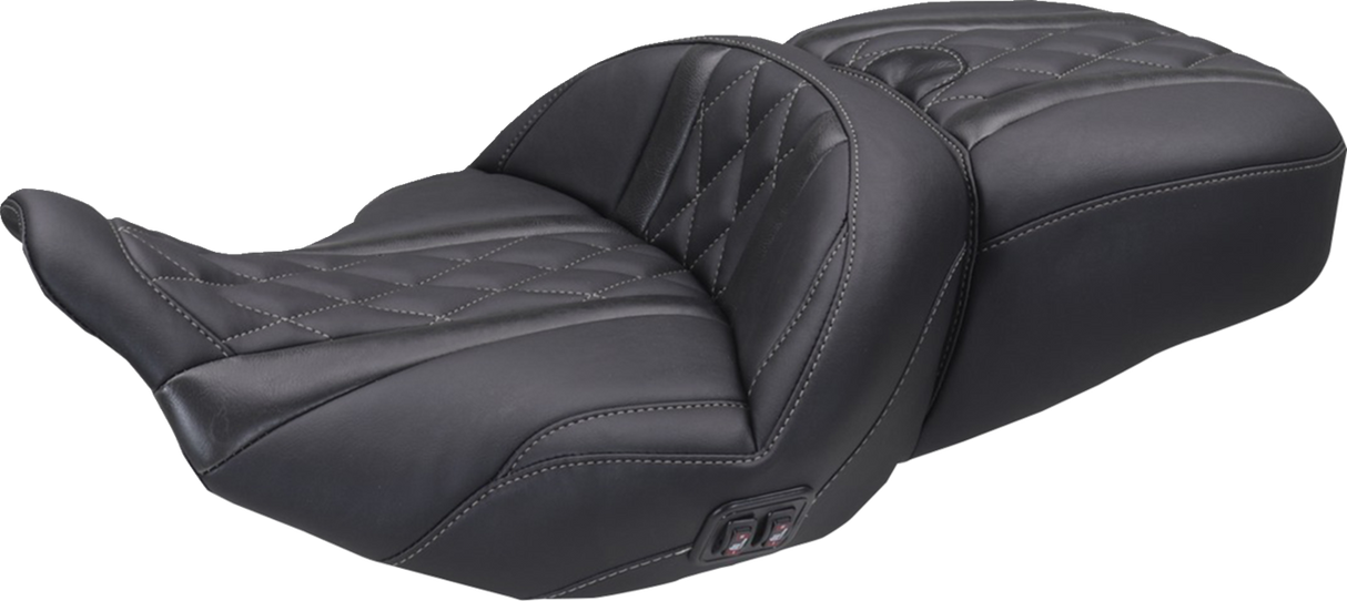 MUSTANG Heated Super Touring One Piece 2-Up Seat - Deluxe Diamond - Gun Metal Stitch - FLT/FLH '23-'25 89410GM