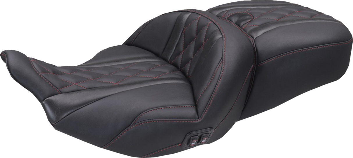 MUSTANG Heated Super Touring One Piece 2-Up Seat - Deluxe Diamond - Dark Cherry Stitch - FLT/FLH '23-'25 89410DC