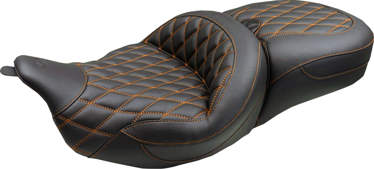 MUSTANG Super Touring Seat - Double Diamond - Mandarin Orange Stitch FLH/FLT '08-'25 89538MO