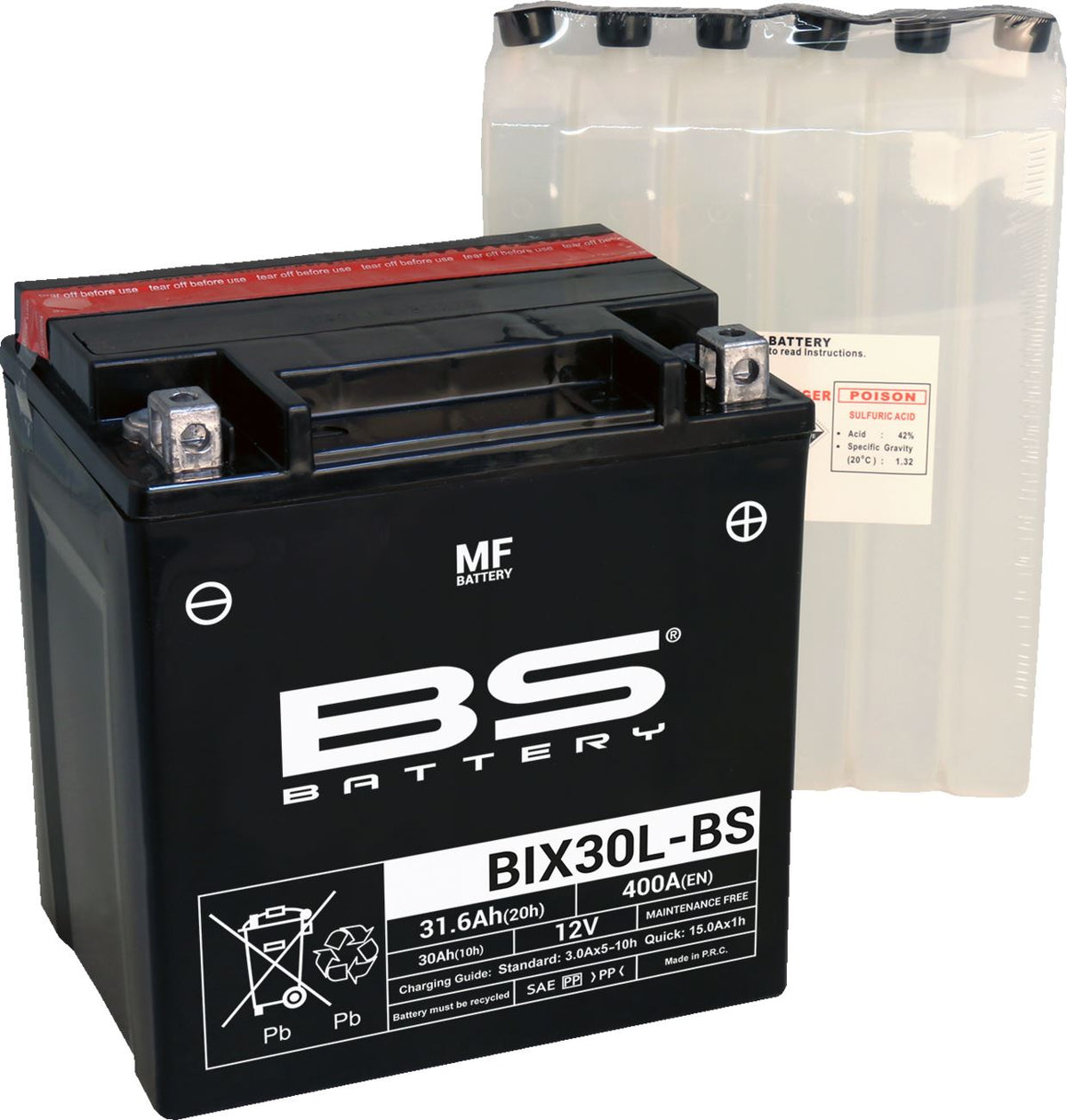 BS Battery BIX30L-BS AGM Powersports Battery | 12V 30Ah 400 CCA | Acid Pack Included