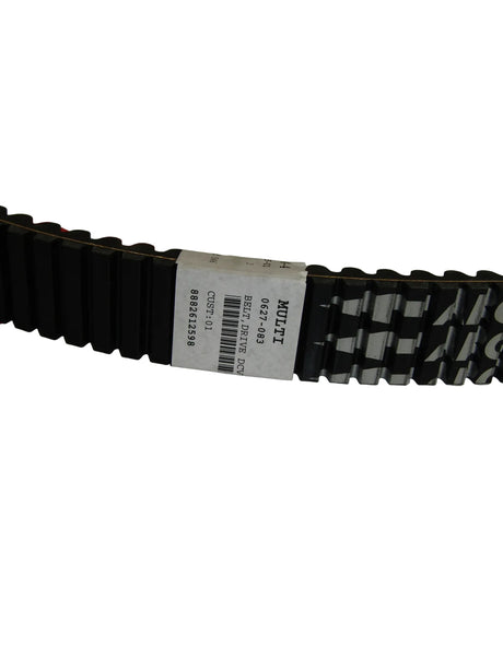 Black drive belt with a label on a white surface with a colorful logo in the background