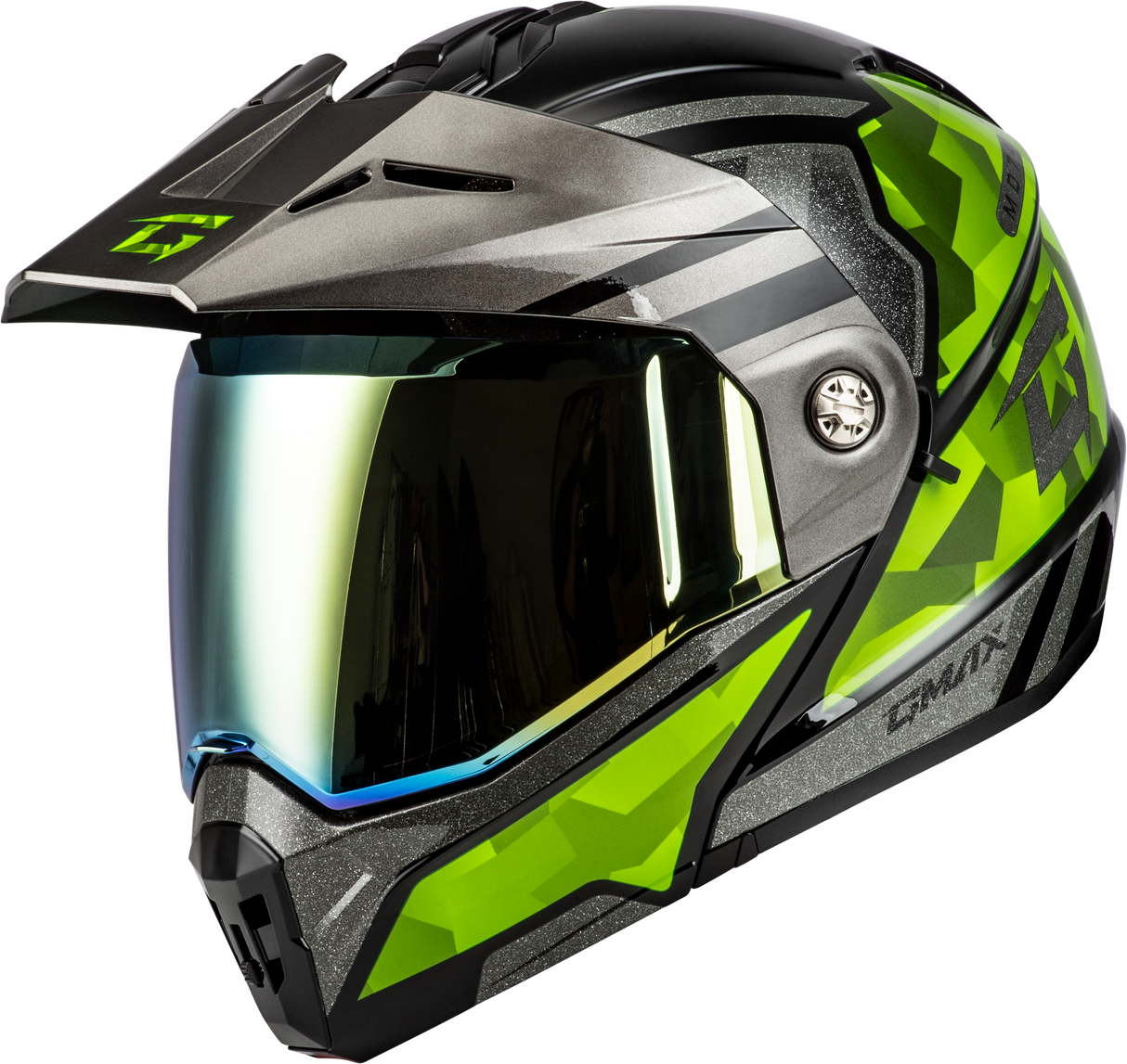 Md 74 Striker Modular Helmet W Gld Shld Blk/Slvr/Grn Mtlc Lg