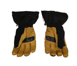 Pair of tan leather gloves with black accents on a white background