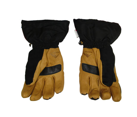 Pair of tan leather gloves with black accents on a white background