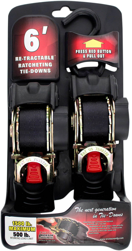 Erickson 34413 Retractable Ratchet Tie-Downs - 6' - Black | Adventure/ATV/UTV