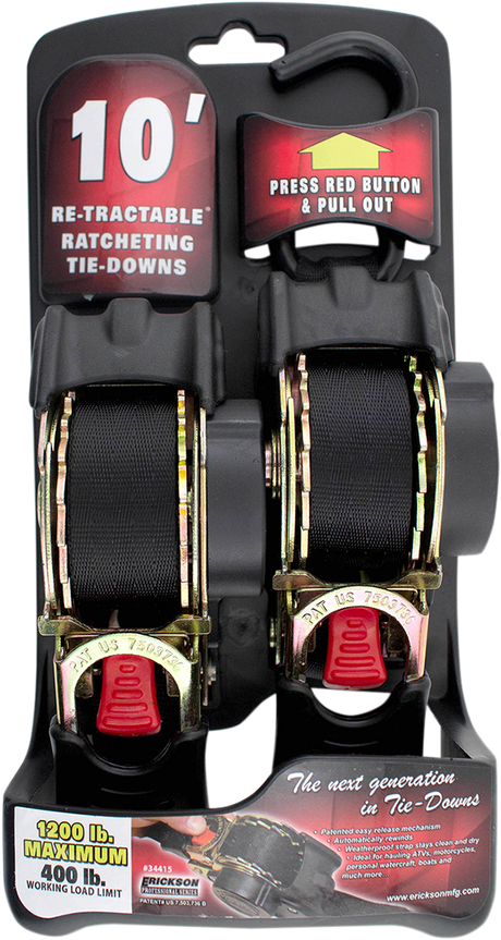 Erickson 34415 Retractable Ratchet Tie-Downs - 10' - Black | Adventure/ATV/UTV