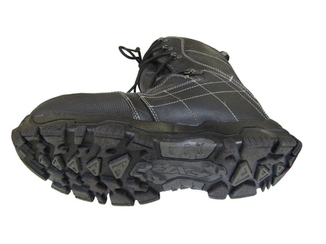 Black boot with a textured sole on a white surface