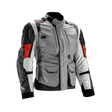 A technical motorcycle jacket in gray, white, and black with red accents, displayed on a clean white background.