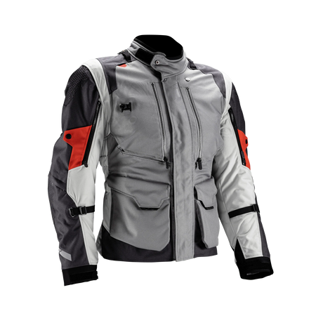 A technical motorcycle jacket in gray, white, and black with red accents, displayed on a clean white background.