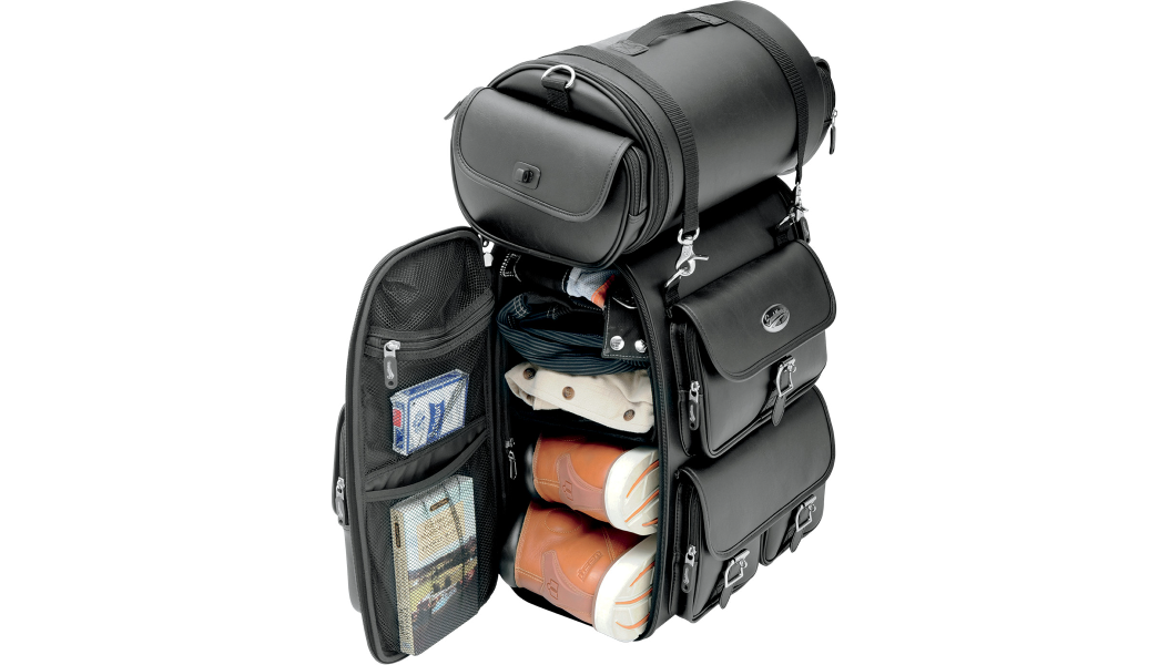 Saddlemen Drifter Motorcycle Sissy Bar Bag | Dual Side Access, Adjustable Shelf & Included Roll Bag