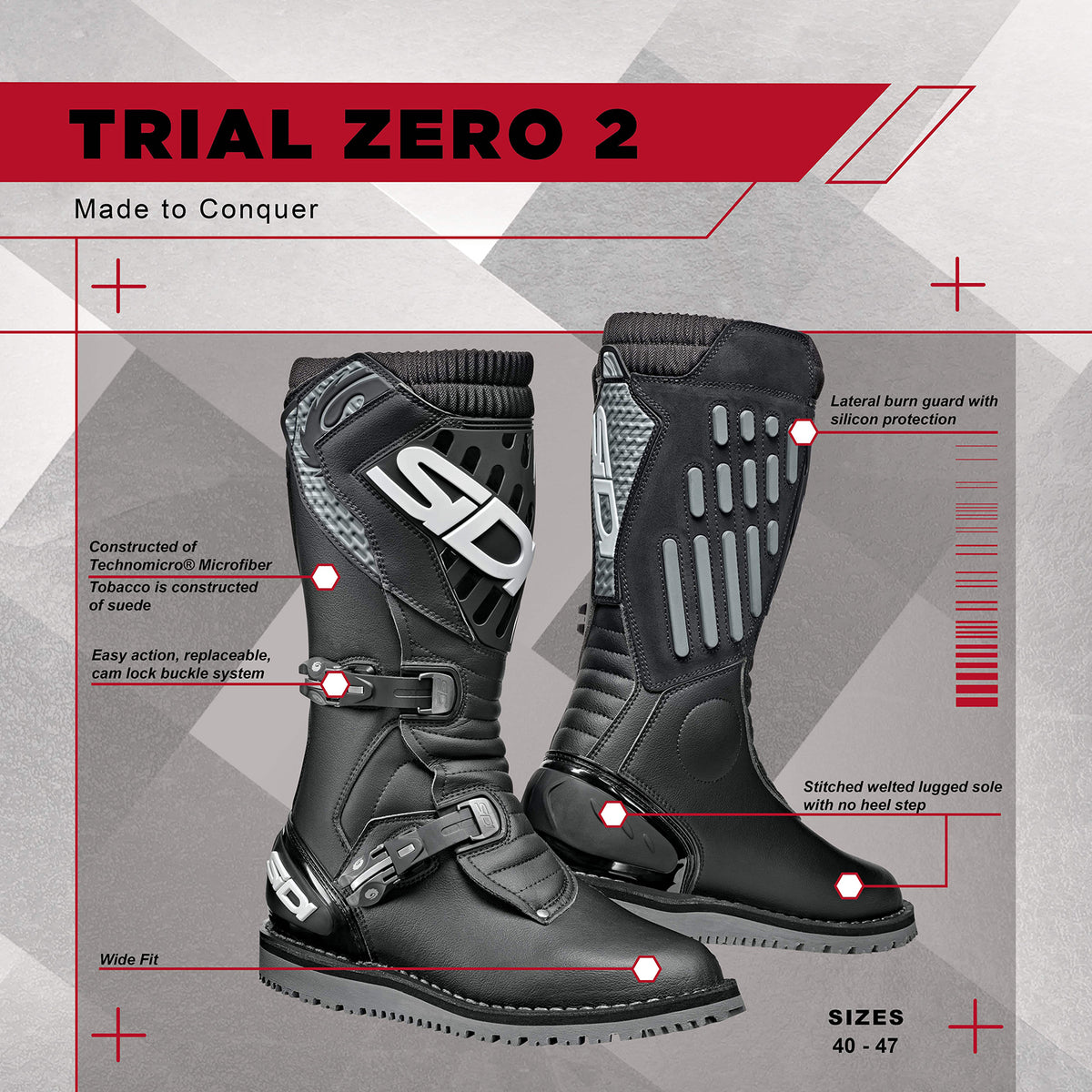 Sidi Trial Zero 2 Motorcycle Boots | Wide Fit, Flat Welted Sole & Replaceable Easy Action Buckles